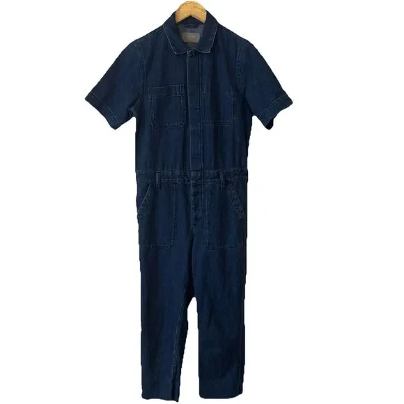 Everlane Super-Soft Coverall Blue Denim Jumpsuit Raw Hem Organic Cotton Size 4 - Picture 5 of 15